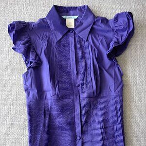 Marciano Purple Pleated Button-Up Blouse Women's | Chic Puff Sleeve Top